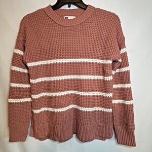 SO Kohls Fall Sweater Pink Mauve Medium Striped Knit Crew Soft Fuzzy Winter Warm